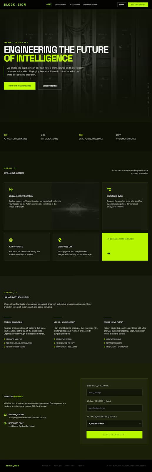Blockzion website and AI services screenshot